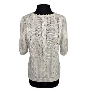 Cable Knit Flora Sweater Cream Embroidered Medium Cottagecore Short Sleeve